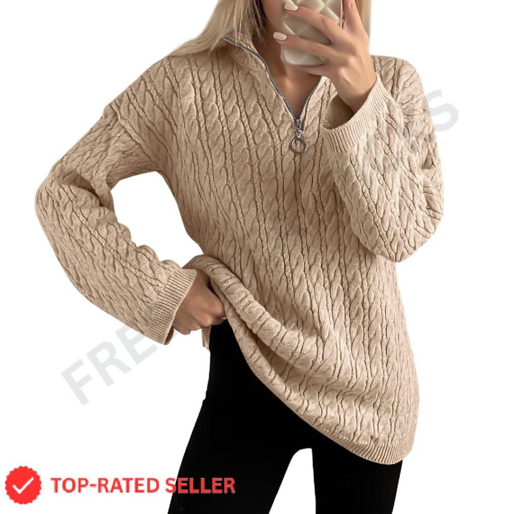 Cable Knit Quarter Zip Pullover Oversized Chic Fall Winter Sweater